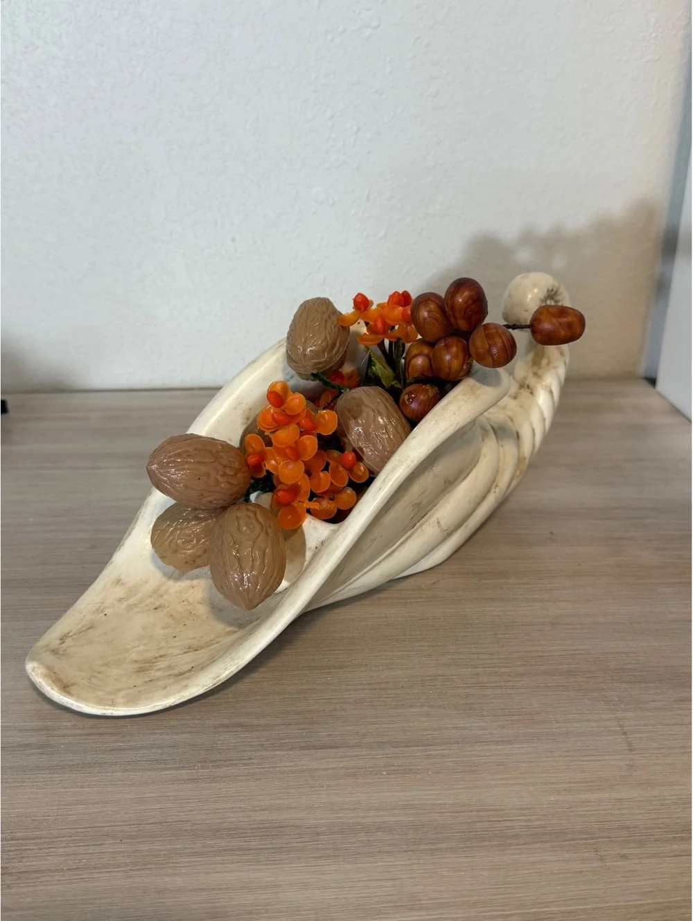 Vintage Ceramic Cornucopia Table Centerpiece with Faux Fruits and Flowers